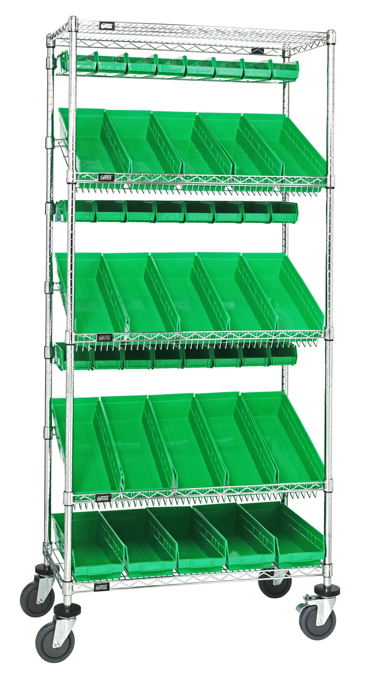 Quantum WRCL5-74848-104220GN Slanted Shelf Cart, 48"W x 18"D x 80"H, 1200 lb capacity, Chrome