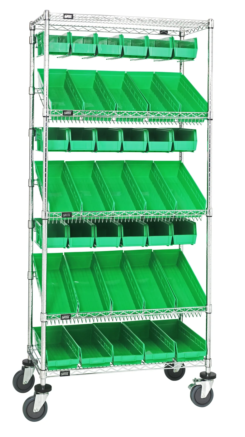 Quantum WRCL5-74836-104230GN Slanted Shelf Cart, 36"W x 18"D x 80"H, 1200 lb capacity, Chrome
