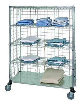 Quantum WRCS4-63-2460EP-5 Mobile Wire Enclosed Cart, 60"W x 24"D x 69"H, 1200 lb capacity, Chrome — in use