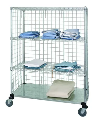 Quantum WRCS4-74-2460EP Mobile Wire Enclosed Cart, 60"W x 24"D x 80"H, 1200 lb capacity, Chrome — in use