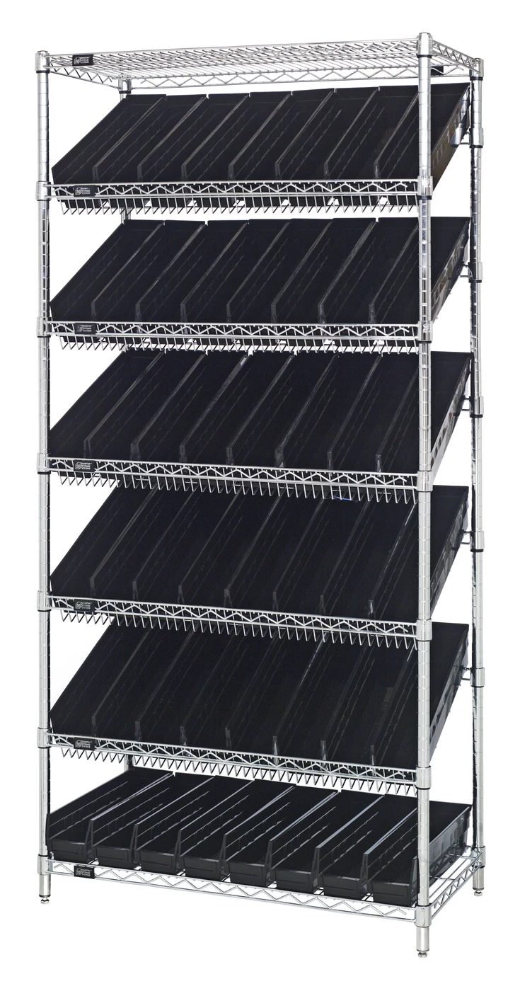 Quantum WRS-7-103BK Stationary Bin Systems Unit, 36"W x 18"D x 74"H, 400 lb capacity, Chrome