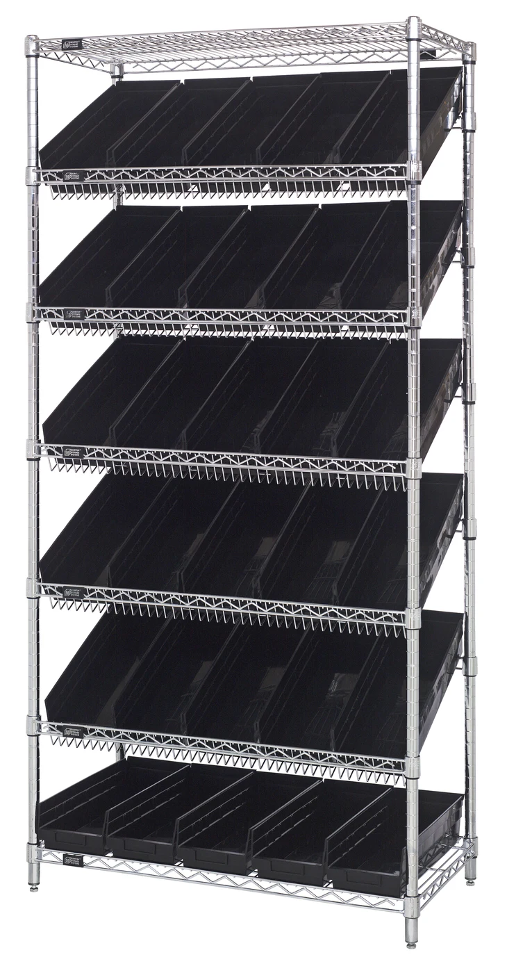 Quantum WRS-7-104BK Stationary Bin Systems Unit, 36"W x 18"D x 74"H, 400 lb capacity, Chrome