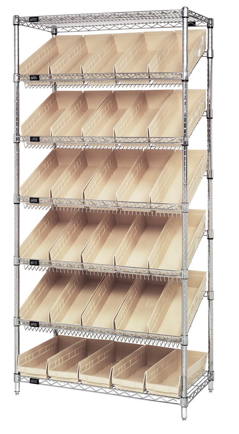 Quantum WRS-7-104IV Stationary Bin Systems Unit, 36"W x 18"D x 74"H, 400 lb capacity, Chrome