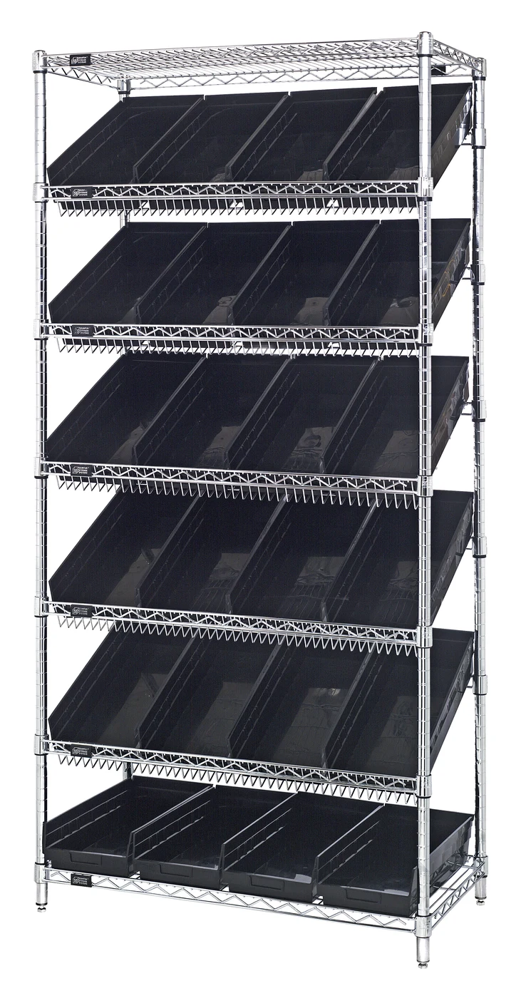 Quantum WRS-7-108BK Stationary Bin Systems Unit, 36"W x 18"D x 74"H, 400 lb capacity, Chrome