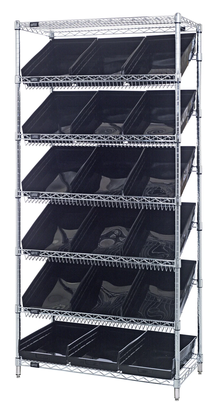 Quantum WRS-7-110BK Stationary Bin Systems Unit, 36"W x 18"D x 74"H, 400 lb capacity, Chrome