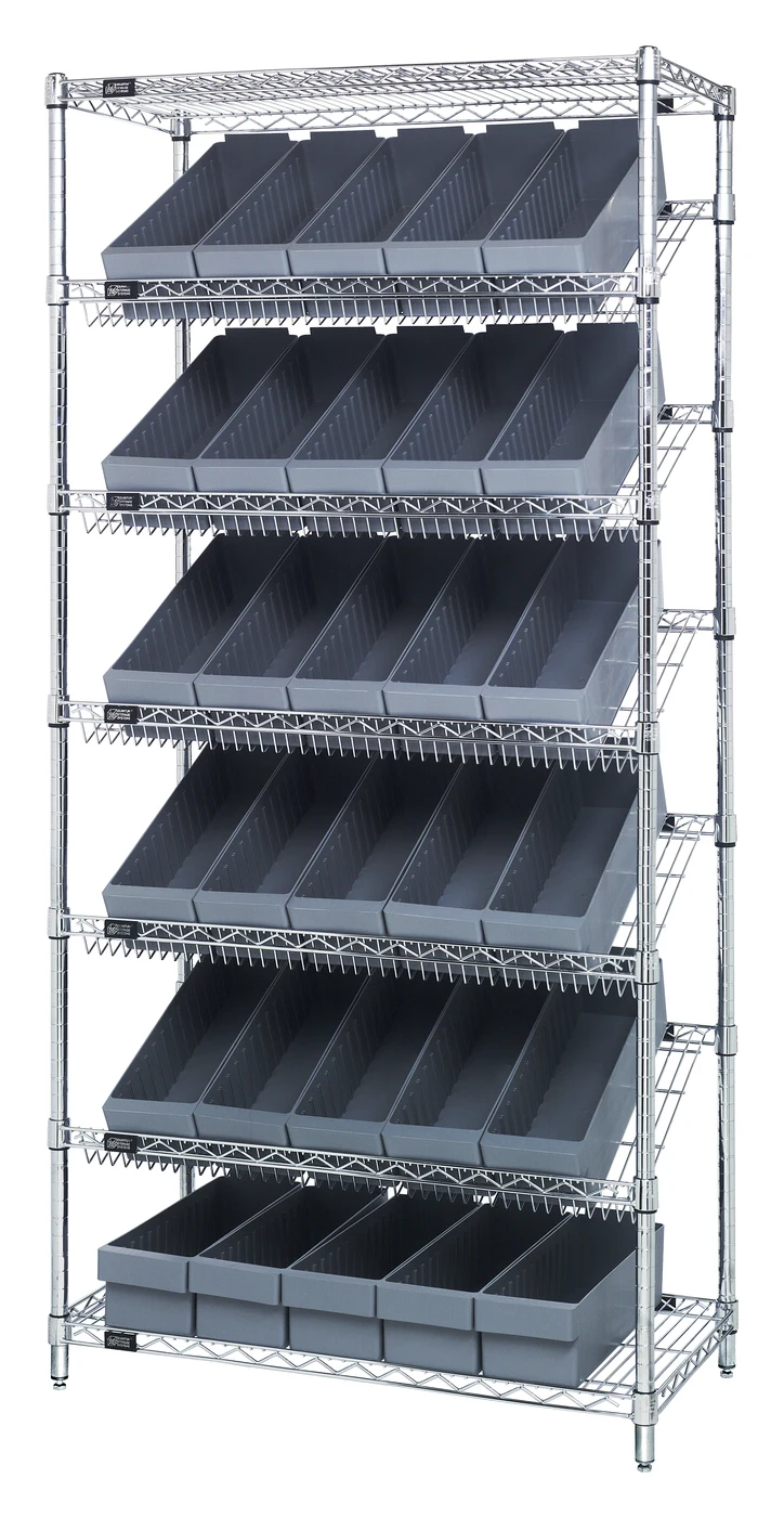 Quantum WRS-7-602GY Stationary Bin Systems Unit, 36"W x 18"D x 74"H, 400 lb capacity, Chrome