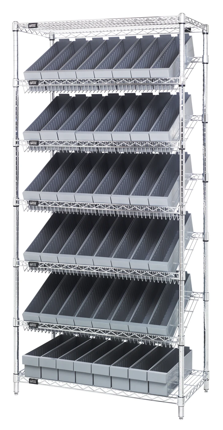 Quantum WRS-7-604GY Stationary Bin Systems Unit, 36"W x 18"D x 74"H, 400 lb capacity, Chrome