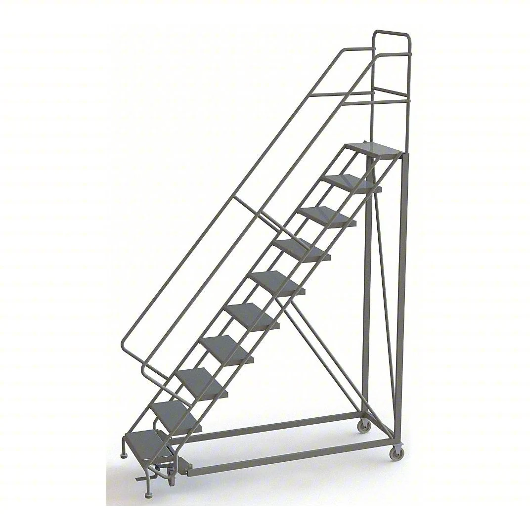Tri-Arc Easy Climb Knocked-Down 10-Step Rolling Ladder, 99" base, 17" top step, 24" wide steps, 450 lb capacity
