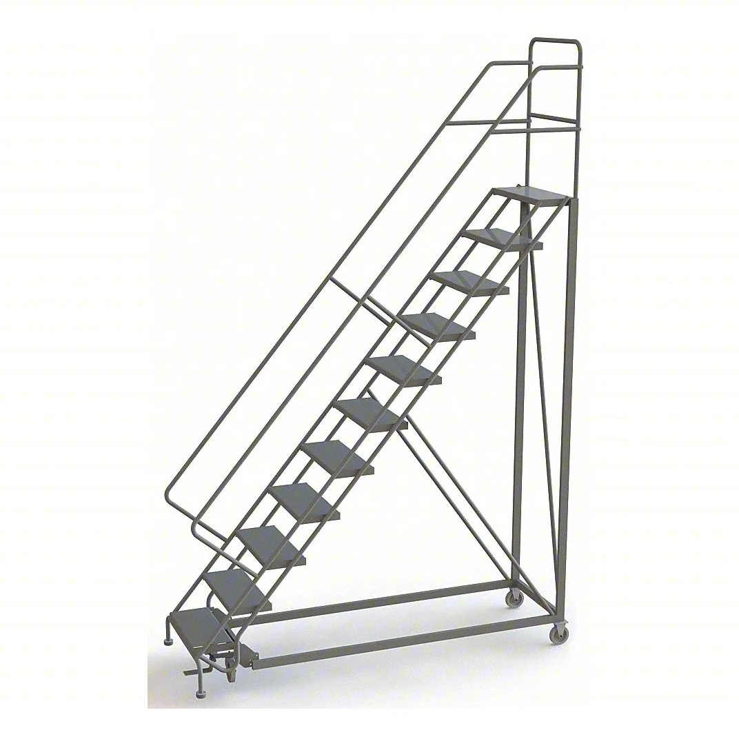 Tri-Arc Easy Climb Knocked-Down 11-Step Rolling Ladder, 107" base, 17" top step, 24" wide steps, 450 lb capacity