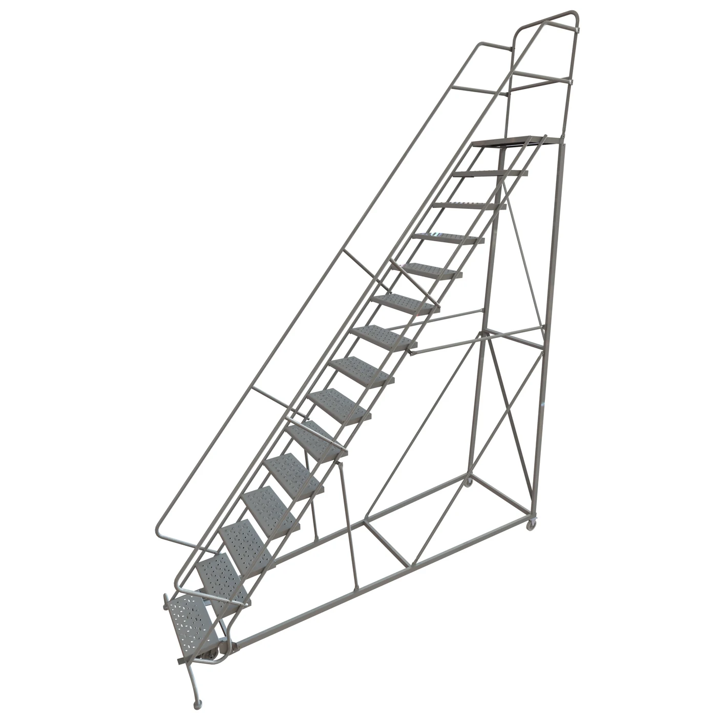 Tri-Arc Easy Climb Knocked-Down 15-Step Rolling Ladder, 141" base, 17" top step, 24" wide steps, 450 lb capacity