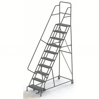 Tri-Arc Knocked-Down 10-Step Rolling Ladder, 35" base, 10" top step, 24" wide steps, 450 lb capacity