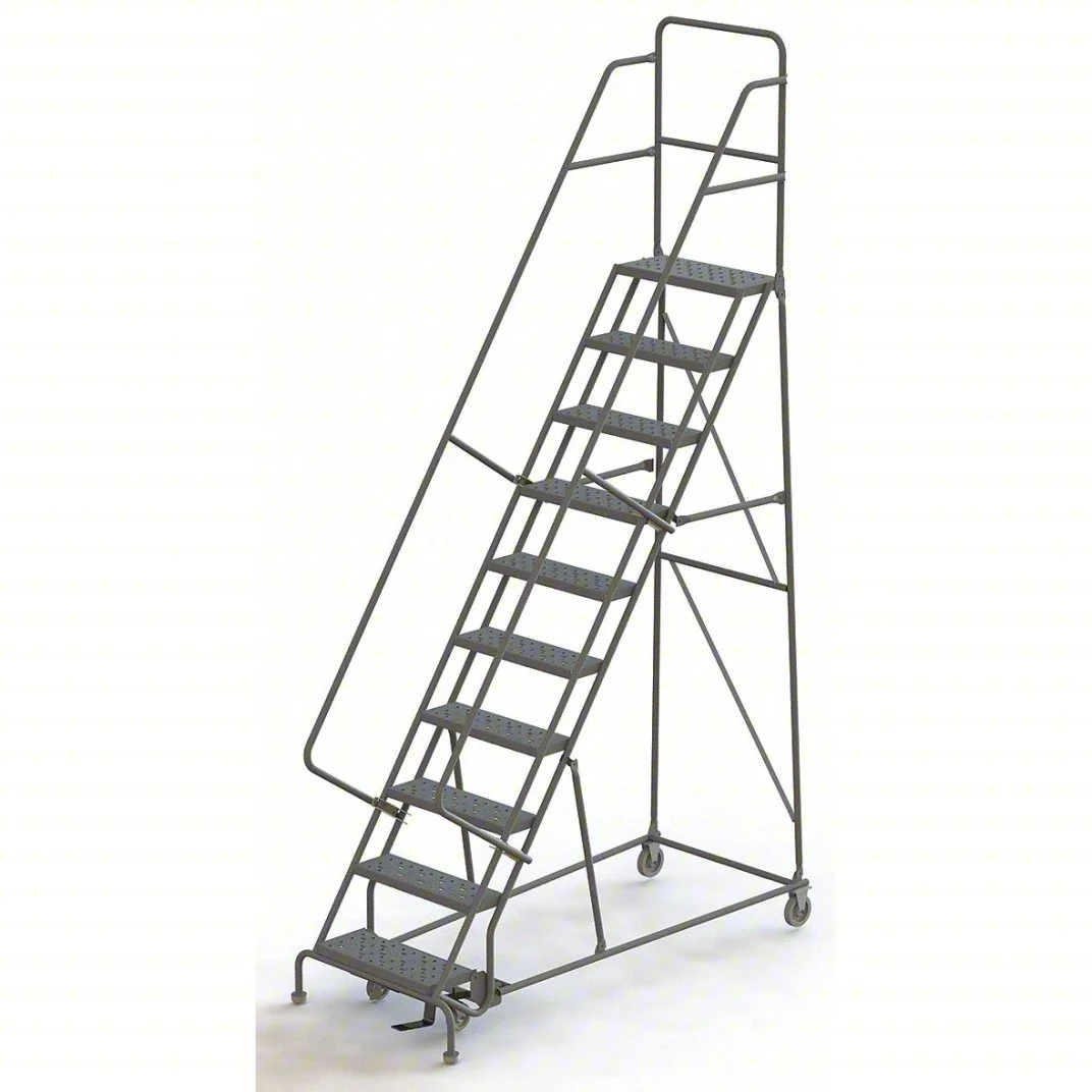 Tri-Arc Heavy-Duty Knocked-Down 10-Step Rolling Ladder, 35" base, 10" top step, 24" wide steps, 600 lb capacity