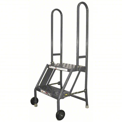 Tri-Arc Tilt & Roll Knocked-Down 2-Step Step Stool, 21" base, 10" top step, 16" wide steps, perforated tread