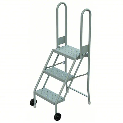 Tri-Arc Tilt & Roll Knocked-Down 3-Step Step Stool, 21" base, 10" top step, 16" wide steps, perforated tread
