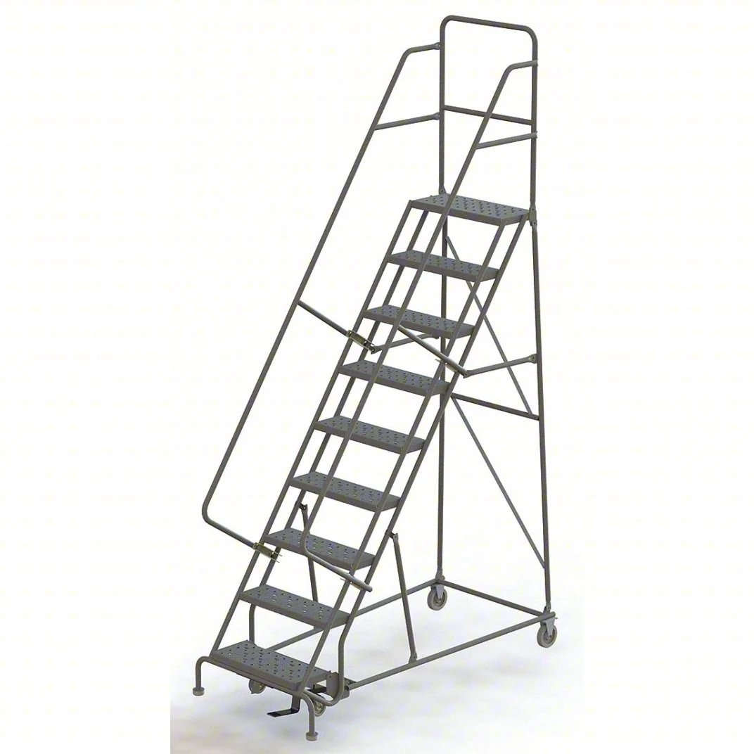 Tri-Arc Knocked-Down 9-Step Rolling Ladder, 35" base, 10" top step, 24" wide steps, 450 lb capacity
