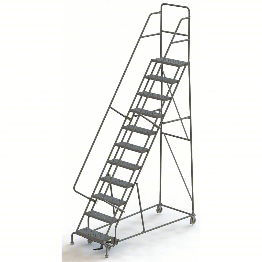 Tri-Arc Knocked-Down 11-Step Rolling Ladder, 35" base, 10" top step, 24" wide steps, 450 lb capacity