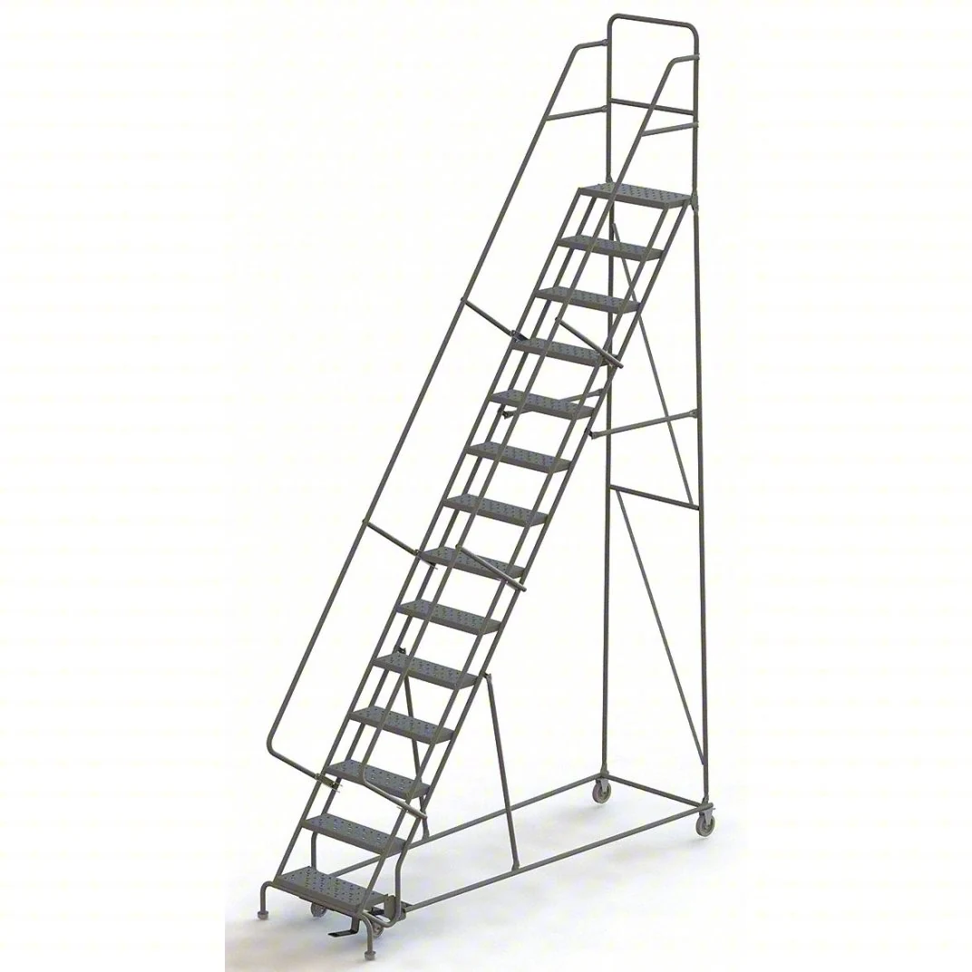 Tri-Arc Knocked-Down 14-Step Rolling Ladder, 102" base, 24" wide steps, 450 lb capacity
