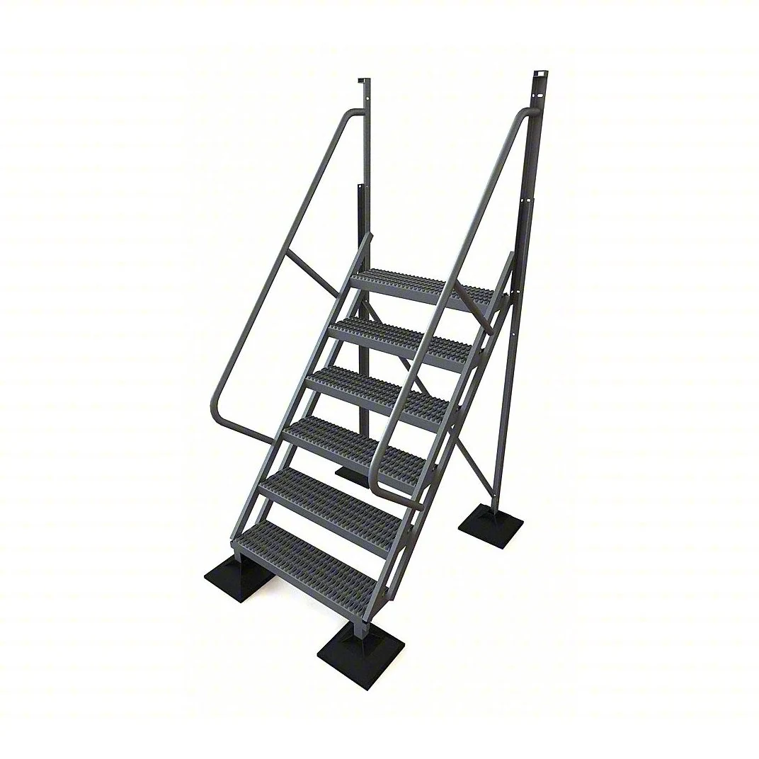 Tri-Arc 50° Stairway Slope 6-Step Aluminum Rolling Ladder, 60" top step, 500 lb capacity, serrated tread