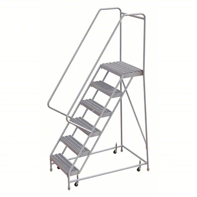 Tri-Arc Welded Aluminum Rolling Ladder, 60" platform height, 32" base, 14" top step, 24" wide steps, 350 lb capacity