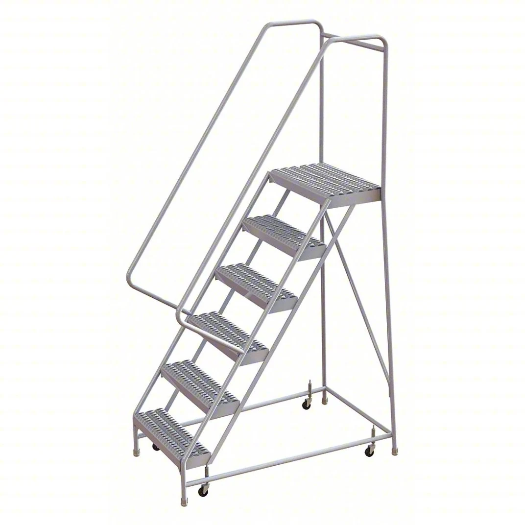Tri-Arc Welded Aluminum Rolling Ladder, 60" platform height, 32" base, 14" top step, 24" wide steps, 350 lb capacity
