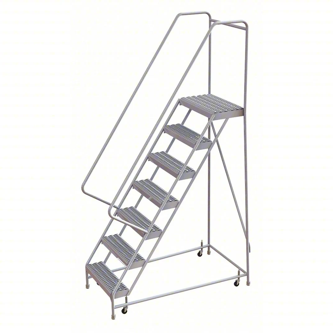 Tri-Arc Welded Aluminum Rolling Ladder, 70" platform height, 32" base, 14" top step, 24" wide steps, 350 lb capacity