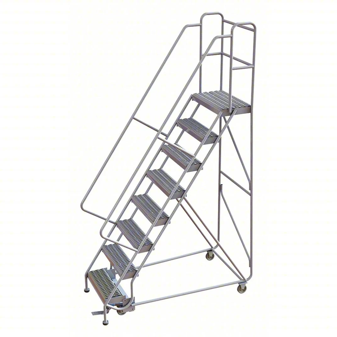 Tri-Arc Welded Aluminum Rolling Ladder, 80" platform height, 34" base, 14" top step, 24" wide steps, 350 lb capacity