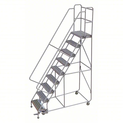 Tri-Arc Welded Aluminum Rolling Ladder, 90" platform height, 36" base, 14" top step, 24" wide steps, 350 lb capacity