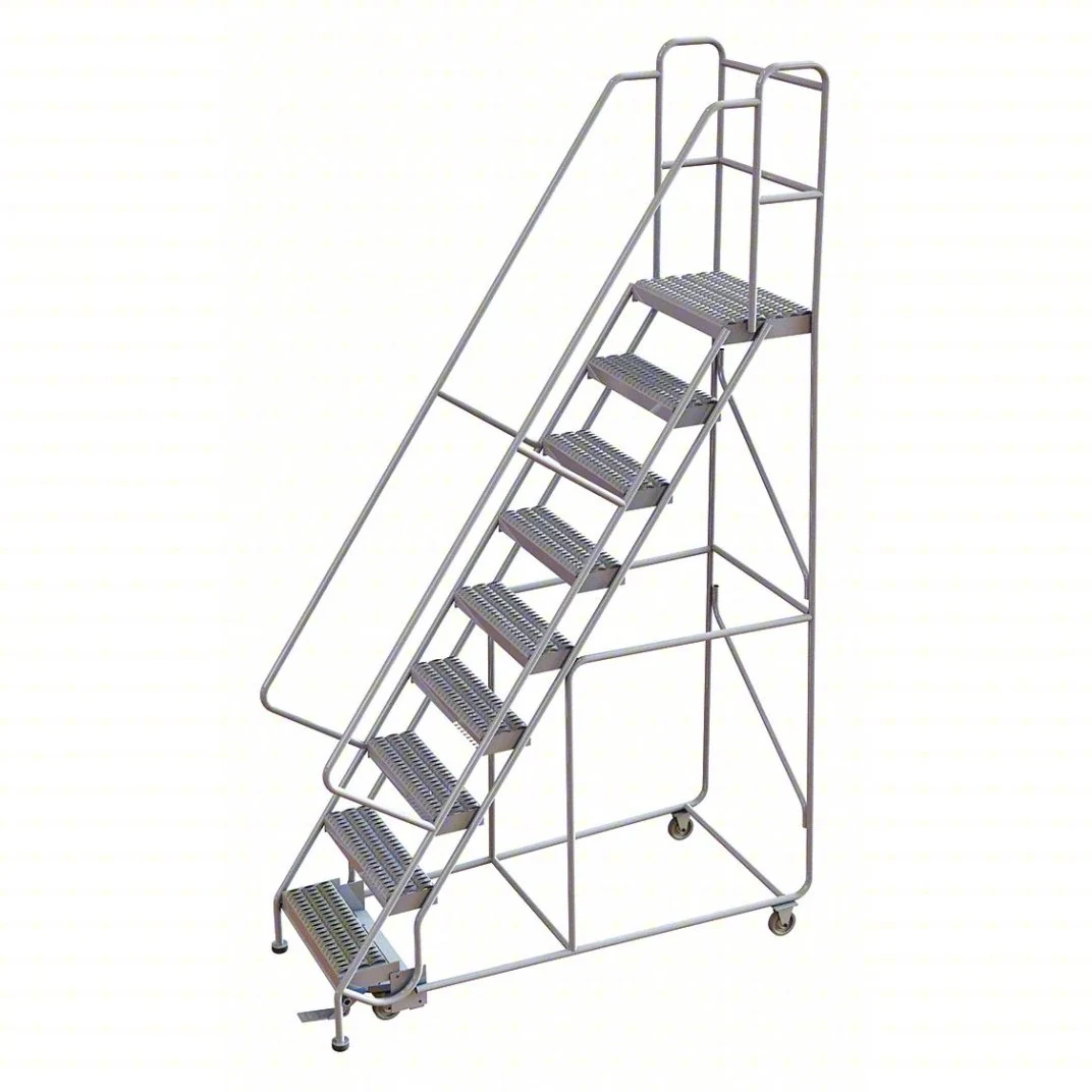 Tri-Arc Welded Aluminum Rolling Ladder, 90" platform height, 36" base, 14" top step, 24" wide steps, 350 lb capacity