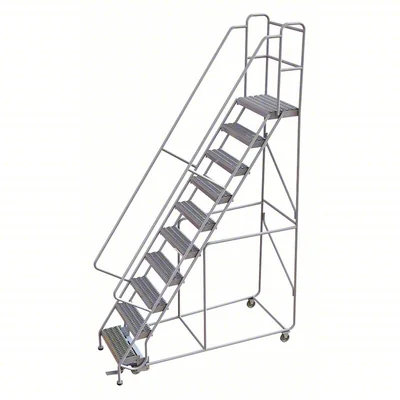 Tri-Arc Welded Aluminum Rolling Ladder, 100" platform height, 36" base, 14" top step, 24" wide steps, 350 lb capacity