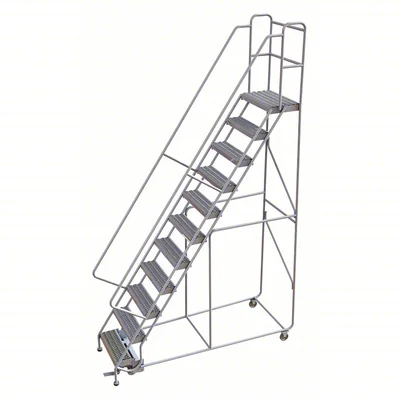 Tri-Arc Welded Aluminum Rolling Ladder, 110" platform height, 38" base, 14" top step, 24" wide steps, 350 lb capacity