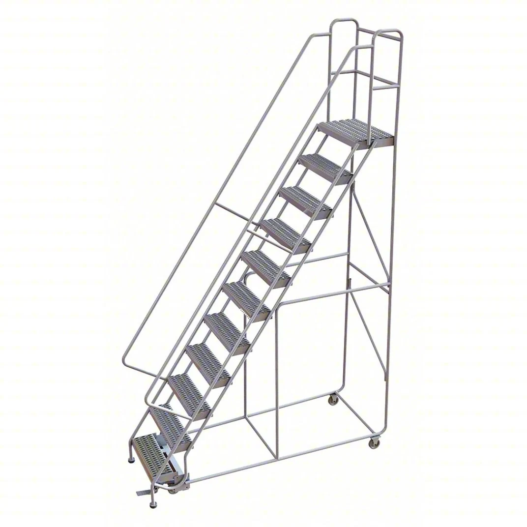 Tri-Arc Welded Aluminum Rolling Ladder, 110" platform height, 38" base, 14" top step, 24" wide steps, 350 lb capacity