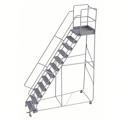 Tri-Arc Welded Aluminum Rolling Ladder, 120" platform height, 39" base, 14" top step, 24" wide steps, 350 lb capacity, serrated tread