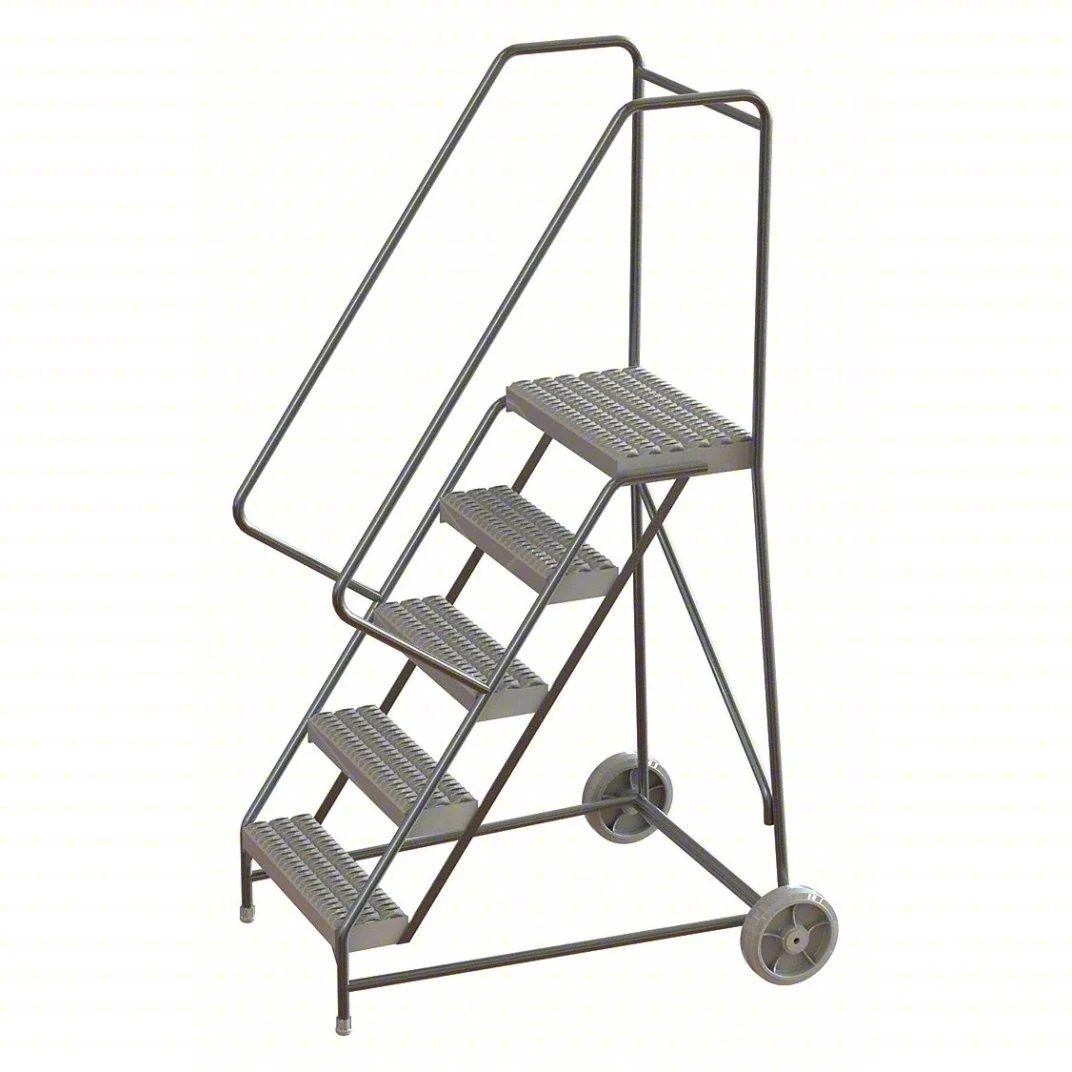 Tri-Arc Wheelbarrow Welded Aluminum Rolling Ladder, 50" platform height, 26" base, 14" top step, 16" wide steps, 350 lb capacity