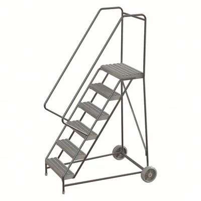 Tri-Arc Wheelbarrow Welded Aluminum Rolling Ladder, 60" platform height, 37" base, 14" top step, 24" wide steps, 350 lb capacity