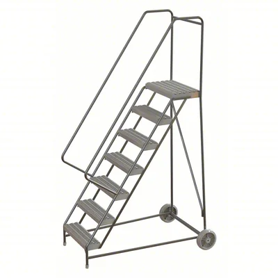 Tri-Arc Wheelbarrow Welded Aluminum Rolling Ladder, 70" platform height, 37" base, 14" top step, 24" wide steps, 350 lb capacity