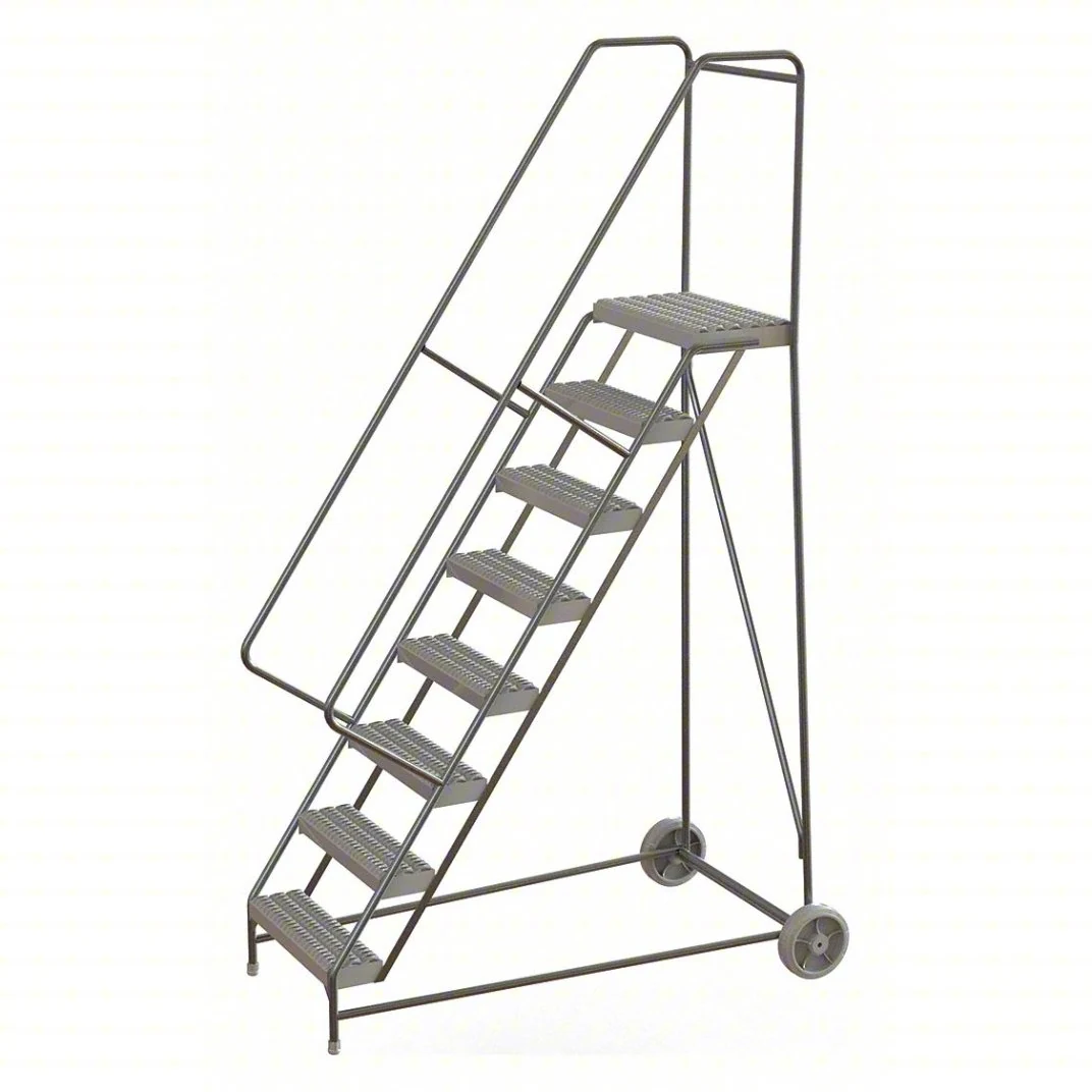 Tri-Arc Wheelbarrow Welded Aluminum Rolling Ladder, 80" platform height, 38" base, 14" top step, 24" wide steps, 350 lb capacity