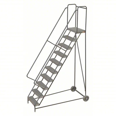 Tri-Arc Wheelbarrow Welded Aluminum Rolling Ladder, 100" platform height, 38" base, 14" top step, 24" wide steps, 350 lb capacity