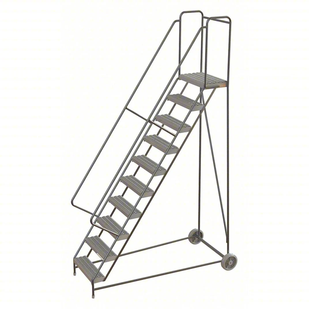 Tri-Arc Wheelbarrow Welded Aluminum Rolling Ladder, 100" platform height, 38" base, 14" top step, 24" wide steps, 350 lb capacity