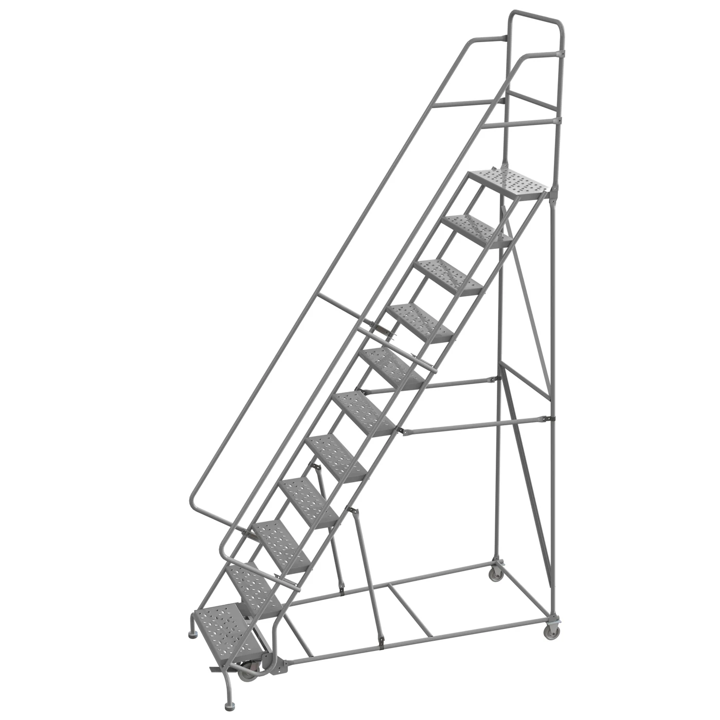 Tri-Arc Welded 11-Step Rolling Ladder, 35" base, 46" top step, 24" wide steps, 450 lb capacity