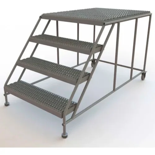 Tri-Arc Welded 4-Step Rolling Ladder, 74" base, 47" top step, 64" wide steps, 36" wide platform, abrasive mat tread