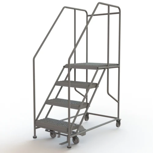 Tri-Arc 4-Step Rolling Ladder, 51" base, 24" top step, 24" wide platform, serrated tread