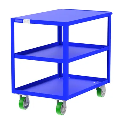 Valley Craft Blue 3-Shelf Flat Top Utility Cart, 36x24x36 2,000 lbs. Corner Length View