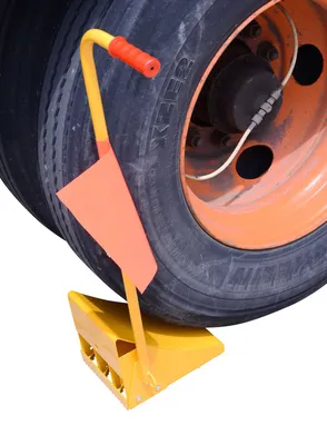 Vestil FAB-11-ERGO-FL wheel chock shown from an alternate angle
