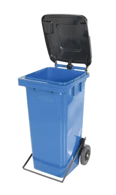 Vestil TH-32-BLU trash can shown from an alternate angle