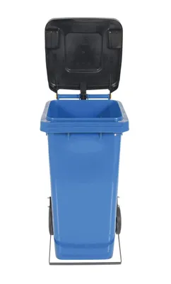 Vestil TH-32-BLU trash can shown from an alternate angle