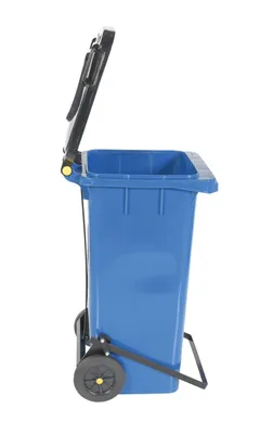 Vestil TH-32-BLU trash can shown from an alternate angle