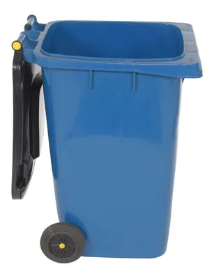 Vestil TH-64-BLU trash can shown from an alternate angle