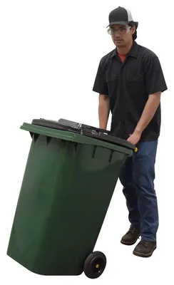 Vestil TH-64-GRN trash can shown from an alternate angle
