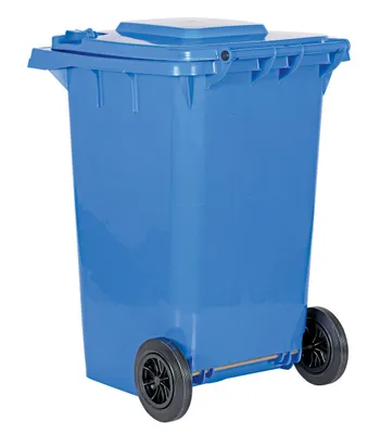 Vestil TH-95-BLU trash can shown from an alternate angle