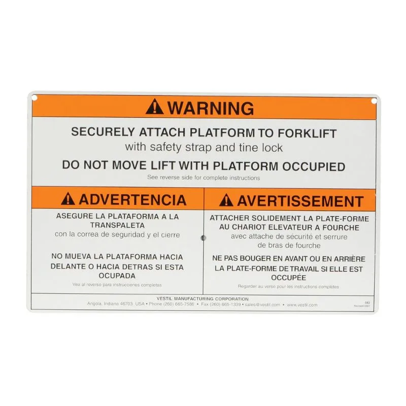 Vestil WP-WS Work Platform Warning Sign With Hardware
